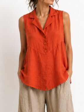Completo Lino by Arthurio Orange Linen Sleeveless Button Front Top Size S